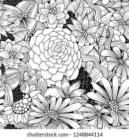 Seamless pattern. Coloring book page with different flowers and leaf in zentangle style. Black and white vector illustration. Doodle, hand drawn, zen art, anti stress.