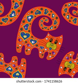 Seamless pattern coloring book page for adults, bohemian style cat. Scketh on purple, orange and blue colors. Cat. Vector sketch. Cute background for wrappers and wallpaper, design of fabric, paper.