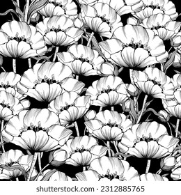 Patrón sin foco. Coloriendo la página del libro con flores sobre fondo negro. Ilustración vectorial en blanco y negro. Doodle, dibujado a mano, zentángulo, anti estrés.