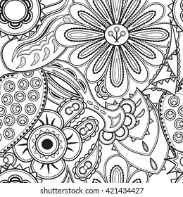 Seamless pattern for coloring book.  Coloring page with floral elements for adult and older children   