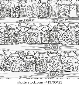 Seamless pattern for coloring book. Set of glass jars with jam and other on wooden shelves. Pantry. Canning.  Hand-drawn decorative elements in vector. Black and white.  Zentangle.