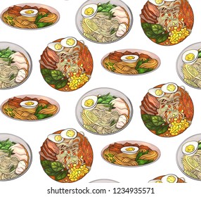 Seamless pattern with coloring cartoon illustration of  ramen in different angles. Noodles. Vector texture for wallpaper, wraps, fabric and your crativity