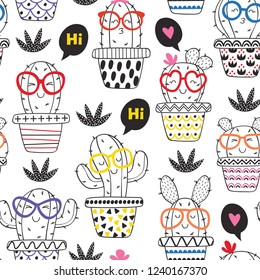 seamless pattern coloring with cheerful cactus in glasses - vector illustration, eps

