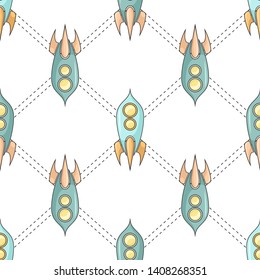 Seamless pattern with  coloring childish spacecraft with rhombus outline on white background. Linear drawing of shuttles. Vector texture with starships for wallpaper and your design.