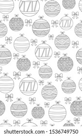 Seamless pattern coloring Christmas toys with bows contour black