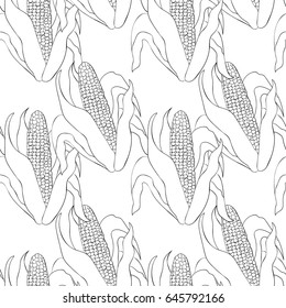 Seamless pattern coloring Corn in the cob with leaves. Vector illustration