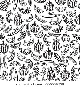 Seamless Pattern for coloring with crazy Watermelon with eyes. Black and white vector illustration. Slice of watermelon on white background. Doodle style.
