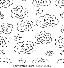 Seamless pattern coloring doodle with clouds and birds in the spring