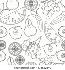 seamless pattern coloring fruit watermelon, orange, kiwi, grapes, banana, pear, apple vector illustration
