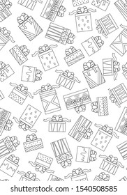 Seamless pattern coloring from gifts contour black on a white background