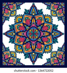 Seamless pattern of coloring mandalas on white background in square tile. Hand drawn doodle background. Vector coloring doodle texture for fabrics, wallpapers and your creativity