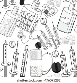 seamless pattern Coloring Medical stethoscope, thermometer, syringe, a tablet vector illustration