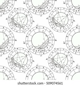 seamless pattern coloring natal astrological chart, zodiac signs. vector illustration