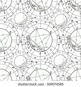 seamless pattern coloring natal astrological chart, zodiac signs. vector illustration