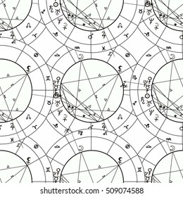 seamless pattern coloring natal astrological chart, zodiac signs. vector illustration