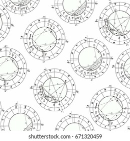 Seamless pattern coloring natal astrological chart, zodiac signs. vector illustration