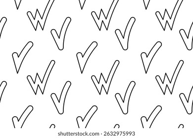 Seamless pattern, coloring page with abstract geometric doodle of checkmark, and alongside stylized W-shapes. For entertaining kids, black and white design, DIY craft, and wrapping paper or wallpaper.