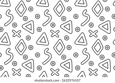 Seamless pattern, coloring page with abstract geometric shapes like triangles, rings, rhombuses, and wave lines. For entertaining kids, black and white design, DIY craft, wrapping paper or wallpaper.
