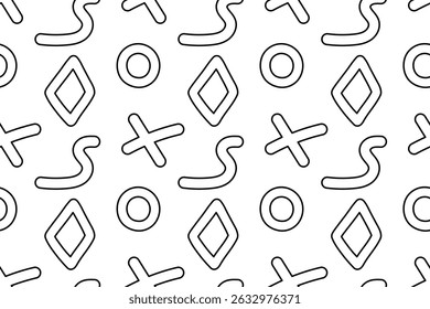Seamless pattern, coloring page with abstract geometric doodle shapes like rings, crosses, rhombuses, and curves. For entertaining, black and white design, DIY craft, and wrapping paper or wallpaper.