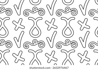 Seamless pattern, coloring page with abstract doodles geometric shapes like checkmark, cross, and swirl. For entertaining kids, black and white design, DIY craft, and wrapping paper or wallpaper.