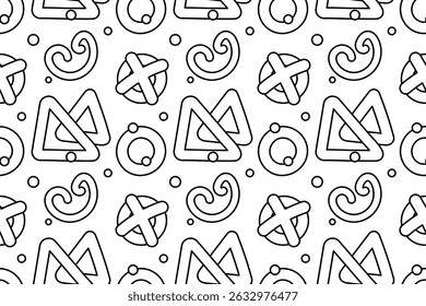 Seamless pattern, coloring page with abstract doodle triangle, ring, cross, swirl, and confetti. Geometric background. For entertaining, black and white design, DIY craft, wrapping paper or wallpaper.