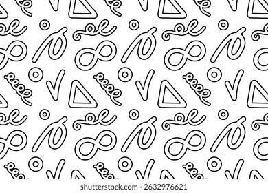 Seamless pattern, coloring page with abstract shapes, infinity symbols, loops, triangles, checkmark, rings, and swirls. Geometric background. For entertaining kids, black and white design, DIY craft. - Powered by Shutterstock - Get 15% off with code: PIKWIZARD15
