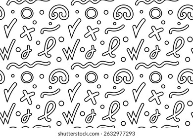 Seamless pattern, coloring page with abstract doodle shapes, squiggles, crosses, rings, checkmark, W-symbols, wavy lines, and confetti. Geometric background. For entertaining, black and white design.