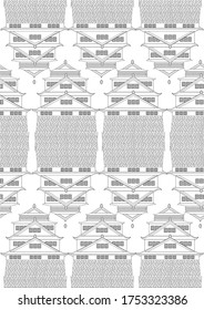 Seamless pattern or coloring page with asian temple or traditional japanese or chinese architecture, outline vector stock illustration with pen building in adult coloring book