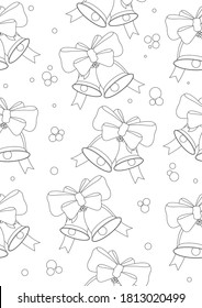 Seamless pattern or coloring page with Christmas bells in a4 size. Outline or line vector stock illustration with random colorless bell as anti stress coloring book for adults