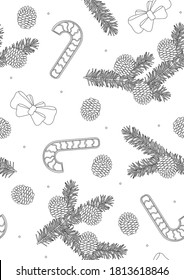 Seamless pattern or coloring page with Christmas tree with pine cones, festive sweets, bows as anti stress therapy for adults. Outline, linear vector stock illustration with christmas tree in A4 size