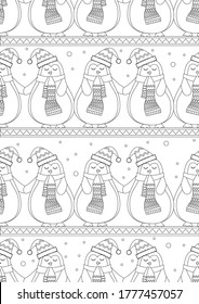 Seamless pattern or coloring page with cute penguin character with a scarf as a concept of winter, christmas, holiday. Outline A4 colorless stock vector illustration for print