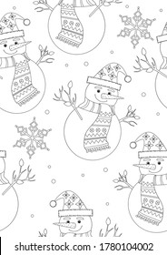 Seamless pattern or coloring page with cute snowman character as anti stress coloring book for adults, for  wrapping paper. Outline or colorless vector stock illustration with snowman for Christmas