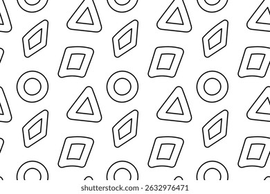 Seamless pattern, coloring page with doodle abstract geometric shapes like triangles square, circle, and rhombus. For entertaining kids, black and white design, DIY craft, wrapping paper or wallpaper