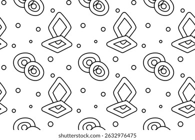 Seamless pattern, coloring page with doodle circles, rhombuses, and scattered confetti dots. Abstract geometric background. For entertaining, kids craft, black and white design, wrapping, wallpaper.