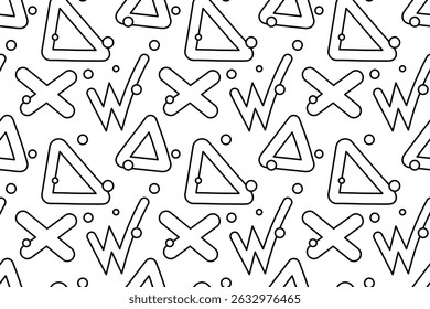 Seamless pattern, coloring page with doodles triangle, cross, confetti dots, and W-shapes. Abstract geometric background. For entertaining kids, black and white design, DIY craft, wrapping paper.