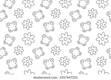Seamless pattern, coloring page featuring butterflies and spring or summer flower outlines. Abstract background. Perfect for entertaining kids, black and white designs and wrapping paper or wallpaper.