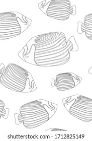 Seamless pattern or coloring page with fish. Imperial angel with stripes for coloring for adults. Outline or linear vector stock illustration with tropical sea fish as anti-sterss therapy for adults