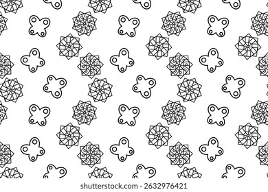 Padrão contínuo. Página de colorir de caleidoscópio flores abstratas e borboletas decoradas com círculos. Para entreter crianças, preto e branco de verão ou design de primavera, DIY ofício, embalagem, papel de parede.