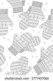 Seamless pattern or coloring page with mittens as an anti-stress coloring book for adults, for  wrapping paper. Outline or colorless vector stock illustration as a concept of Christmas, winter