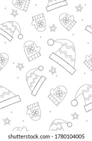 Seamless pattern or coloring page with mittens, hat, winter clothes as a concept of winter, christmas, holiday. Outline colorless vector stock illustration with black and white christmas symbols
