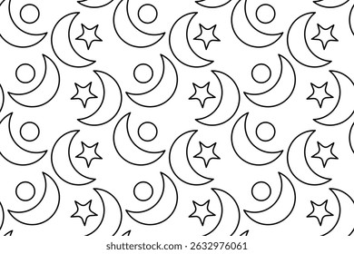 Seamless pattern, coloring page with moons, stars, and circles. Lunar and starry space sky. Abstract background. For entertaining kids, black and white design, DIY craft, wrapping paper, wallpaper.