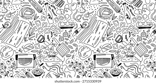 Seamless pattern coloring page with a pasta cooking set, making pasta and ravioli at home