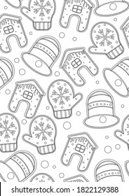 Seamless pattern or coloring page with random Christmas houses, winter mittens, holiday bells for Christmas. Outline vector stock illustration in A4 format for anti-stress coloring