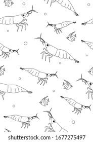 Página de diseño o coloreado sin inconvenientes con chiles y peces tropicales para imprimir en el libro de colorear para adultos. Ilustración de eslabón o material vectorial lineal con un habitante marino sobre un fondo blanco