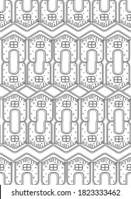 Seamless pattern or coloring page with snow-covered houses in winter in christmas. Outline or linear vector illustration with Christmas village as anti stress A4 size coloring book for adults