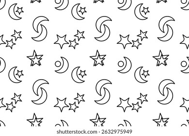 Seamless pattern. Coloring page with stars, crescent moons, and circles. Starry space sky. Abstract background. For entertaining kids, black and white design, DIY craft, wrapping paper, and wallpaper.