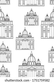 Nahtlose Muster- oder Farbseite mit Stadt- oder Parlamentsgebäude als Anti-Stress-Farbbuch für Erwachsene, Umrissvektor-Stockillustration mit barocken Gebäuden mit Säulen auf weißem Hintergrund