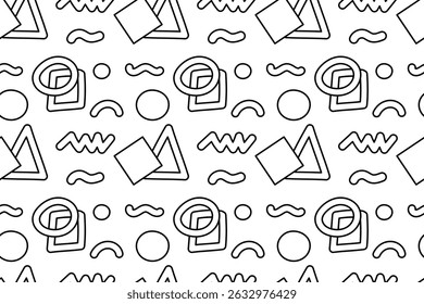 Seamless pattern, coloring page with vector geometric doodle abstract geometric shapes like triangle, circle, rhombus, square, ring, zigzags and squiggle. For entertaining kids, black and white design