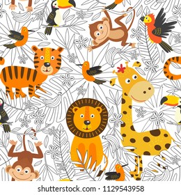 seamless pattern with coloring  tropical animals  -  vector illustration, eps