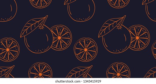 Seamless pattern with coloring vector hand drawn orange fruit. Decorative retro style collection farm product restaurant menu, market label